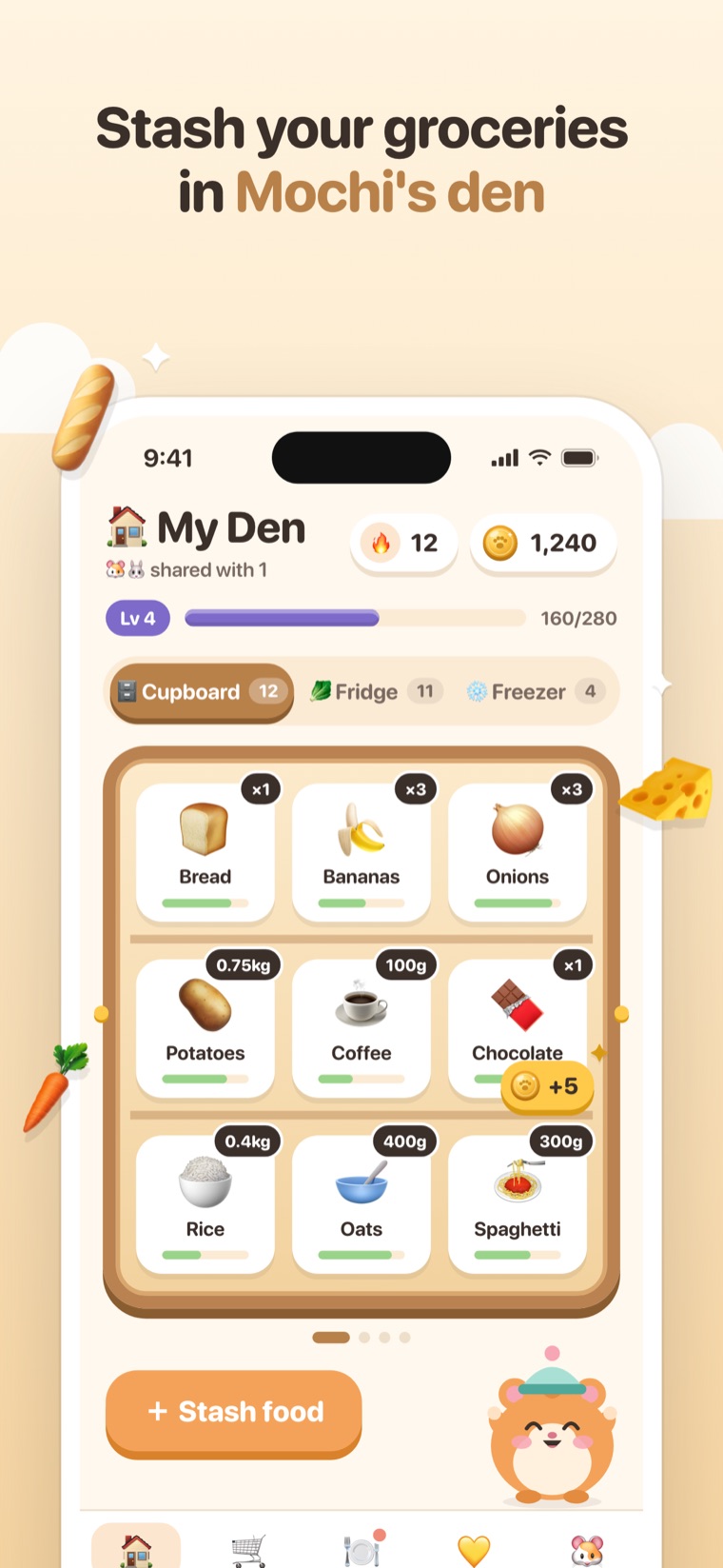 Hamstock's den screen showing a cupboard full of bread, bananas, onions and pasta